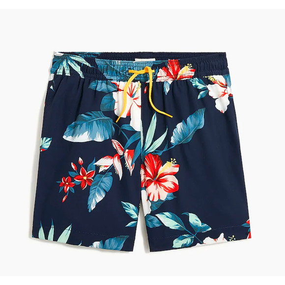 NWT J. Crew Boys' Navy W/Hibiscus Floral Print Swim Trunk
